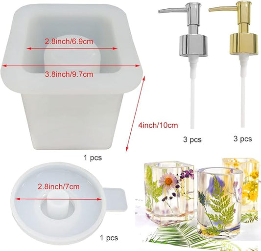 Dispenser Pump Bottle Resin Mold Kit, 1pcs Bathroom Silicone Bottle Mold with 6pcs Pump Dispenser for Soap,Shampoo,Lotions, Pump Bottles Mold for Hand Sanitizer, Conditioner, Home Decor(Square)