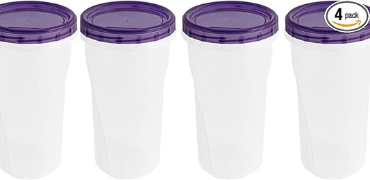 [48 Oz - Purple - 4 Pk] Large Deli Food Storage Screw And Seal Containers 48 Oz Stackable Reusable Mirowave Dishwasher Safe Quality Plastic Twist Cap Canisters 4 Pack