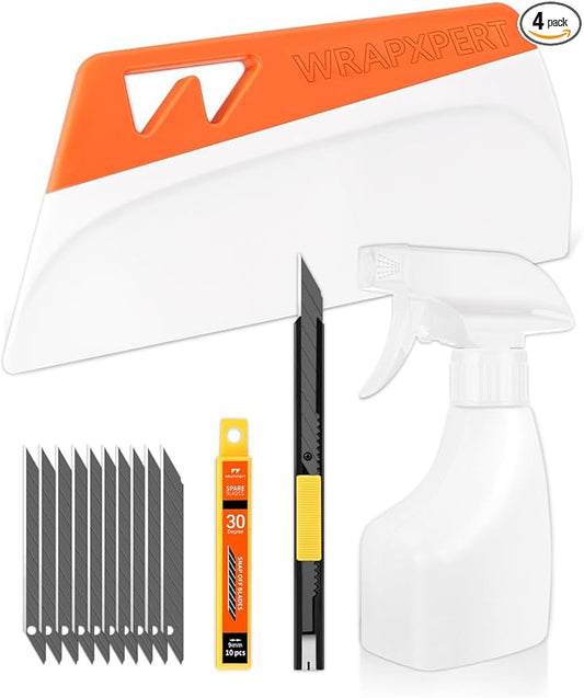 WRAPXPERT Window Film Tools, Window Privacy Film & Peel and Stick Wallpaper Tool Kit, 4-in-1 DIY Starter Set with Smoothing Squeegee, Utility Knife and Blades & 180ml Adjustable Spray Bottle