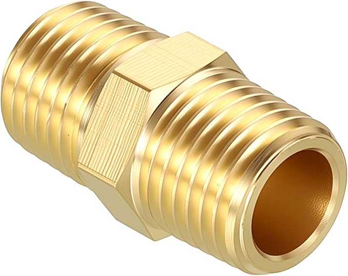 Pack of 1, 1/4" NPT Male to 1/4" NPT Male Solid Brass Hex Nipple Hose Connectors, Male Pipe Adapter for Pipe Leak Repair, Bathroom Remodeling, Tool Extensions, Compression