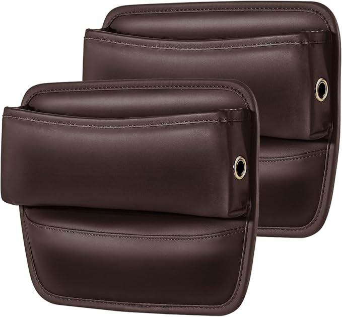 Car Seat Gap Filler with Cable Holes PU Leather Brown 2-Pack | Car seat gap filler for 0.5 to 1.2 inch gaps with cable routing holes anti slip padded base phone wallet keys PU leather