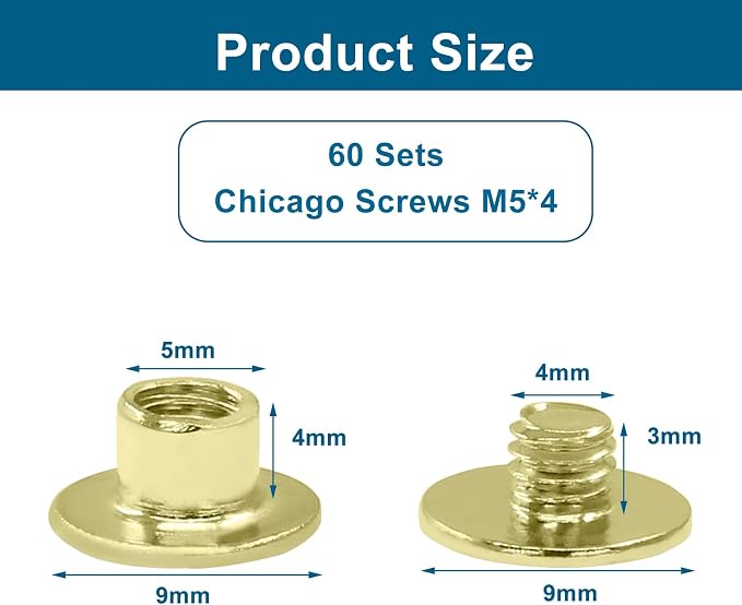 60 Sets Gold Chicago Screws, M5*4mm Leather Rivets Screw Rivets Buttons DIY Leather Trim Craft Bookbinding for Decorate Repair Belt Bag Shoes Purse