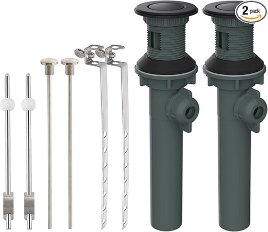 Hibbent 2 Pack Universal Bathroom Sink Drain with Overflow, Push and Seal Pop Up Drain Stopper with Lift Rod, Compatible with Moen, American Standard Bathroom Lavatory Vanity Vessel, Matte Black