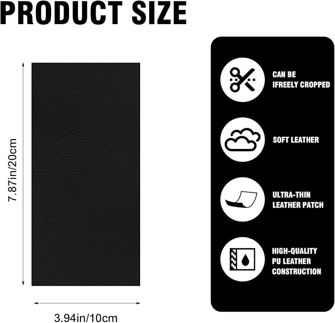 2PCS Leather Repair Patch, 4 x 8 Inch PU Self-Adhesive Repair Patch Tape Vinyl Repairs Kit, Portable Car Leathers Repairs Kit for Cars Upholstery Seat,Furniture,Couches,Chairs (Black)