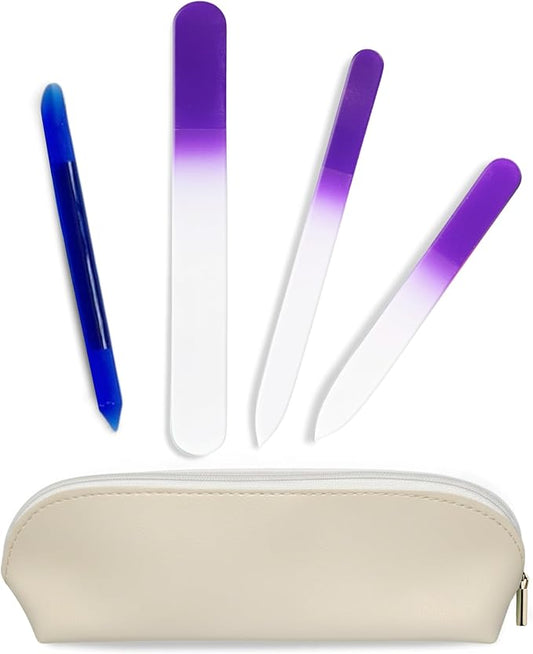Alban Czech Glass Nail File Set with Manicure Stick & Vegan Leather Cosmetic Case (Purple Nail Files, Royal Manicure Stick & Cream Cosmetic Case)