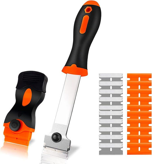 Heavy-Duty & Gentle Scraper Duo Kit | 2-in-1 Metal & Plastic Scraper Set with 20 Blades | Perfect for DIY, Kitchen Stovetop, Window Decals, Bathroom Caulk & Paint Removal