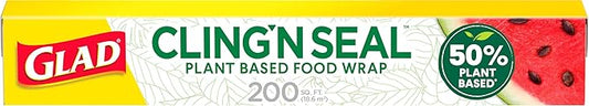 Glad 50% Plant Based Cling N Seal Plastic Wrap for Food, Airtight Seal, 200 Square Foot Roll (Pack of 1)