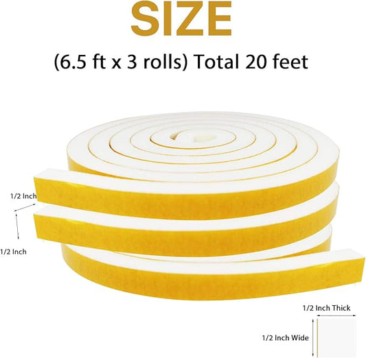 Door Weather Stripping-3 Rolls, 1/2 Inch Wide X 1/2 Inch Thick Total 20 Feet Long, Adhesive Foam Seal Tape for Window Insulation(6.5ft x 3 Rolls)