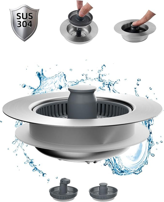 Hibbent Upgraded 3 in 1 Kitchen Sink Drain Strainer and Stopper Combo, Stainless Steel Metal Pop Up Sink Stopper, 3 Anti-Clogging Basket Strainer with Handle for US Standard 3-1/2 Inch Drain