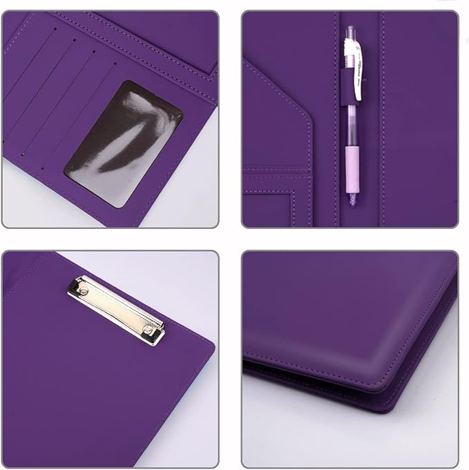Resume Portfolio Folder, Padfolio Clipboard, Writing Portfolio Leather Clipboard with Cover for Legal Pad Holder Letter Size A4 for Business Conference Notepad Clip Boards, Purple