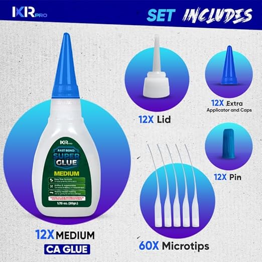 CA Glue Medium Viscosity Kit (12x1.75 oz.) Cyanoacrylate Glue, Super Glue for Everyday Repairs, Woodworking, Plastic, Ceramic, and DIY Crafts, Quick-Drying Multi-Purpose Adhesive with Easy Application