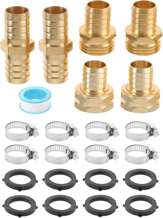 4 Sets 3/4 Inch Garden Hose Connector Solid Brass Repair Kit, Water Hose Mender Female and Male Water Hose Connector with Tape, Stainless Steel Clamp and Rubber Gasket