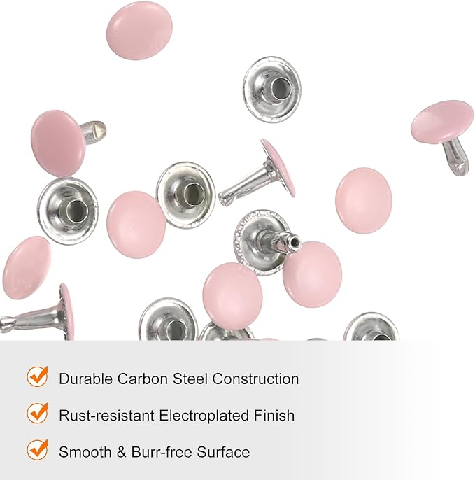 HARFINGTON 100 Sets Double Cap Leather Rivets, 10x10mm Round Cap Tubular Metal Studs Leather Crafting Rivets for Fabric Belt Pet Collar Boot Bag Repair and Decoration, Pink