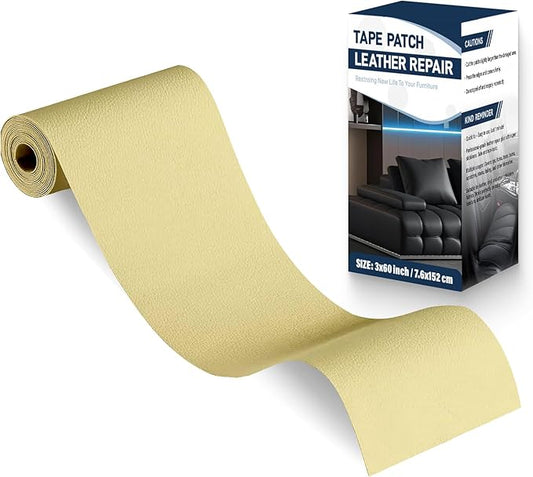 Zenyao Leather Repair Patch Tape - Self Adhesive Leather Repair Kit for Car Seat Furniture, Heavy Duty Vinyl Repair Patch for Couch Sofa, Waterproof Fix for Tears, 3x60 Inch Roll, White Khaki