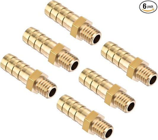 Pack of 6 Brass Hose Barb Fittings Adapter Connector 8mm Hose Barb to M8x1.25 Male Fittings for Home Machines, Massage Bathtubs, and Irrigation Systems