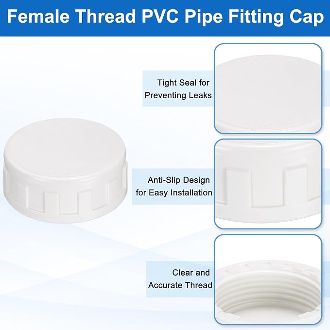 uxcell 5Pcs 1-1/4 Inch PT Female Thread PVC Pipe Fitting Cap, Cleanout Water Drain End Caps, Pipe Plug Socket Fittings with Tape for Water Heater Supply Lines, Plumbing, White