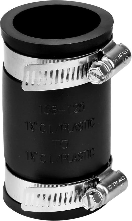 Flexible Coupling Pipe Fittings for 1-1/4" PVC Pipe or 3.925 Inch Circumference Copper Plumbing Connections, with Adjustable Stainless Steel Water Pipe Coupling Clamps Seal Installation