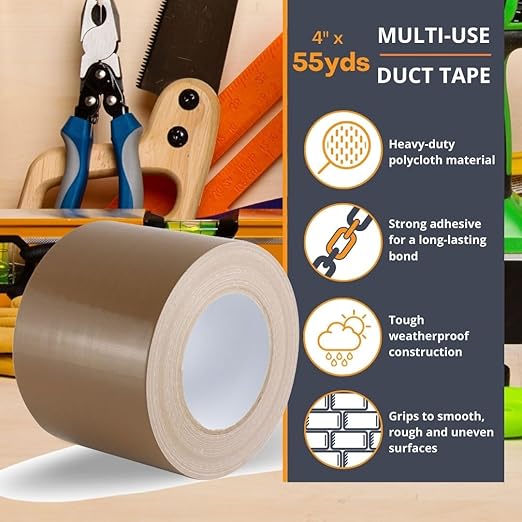 GTSE Wide Duct Tape, Brown, 4 Inches x 55 Yards (164 ft), Heavy Duty, Waterproof Repair Tape for Indoor or Outdoor Use, 48 Rolls