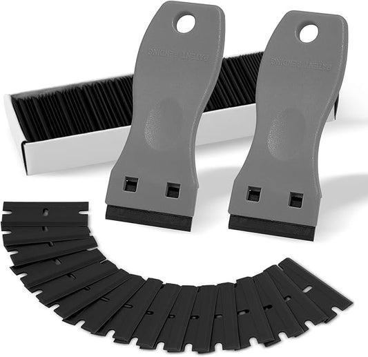 FOSHIO 2PCS Plastic Razor Blade Scraper Tool and 100PCS Plastic Blades for Gasket Remover, Sticker Remover, Labels Decal and Adhesive Remover for Windows and Glass (Grey)