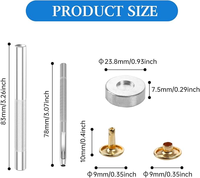 100 Sets Leather Rivets 9x10mm Double Cap Rivets Snaps Metal Studs Fasteners with 3pcs Setting Tools for Leather Craft DIY Repair Decoration, Gold Tone