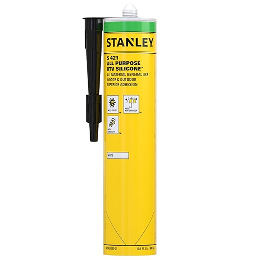 Stanley S421 All-Purpose RTV Silicone Sealant (1 x 10.1 fl.oz.) – 100% Waterproof White Caulk | Industrial-Grade Silicone for Kitchen, Bathroom, Shower, Window, Door, Indoor & Outdoor Use | 1 Pack