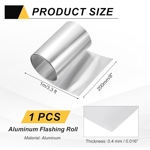 uxcell Aluminum Flashing Roll, 8in x 3.3ft Metal Roof Panels 0.4mm Waterproof Aluminum Sheet Roll for House Repair, Roof Flashing, Sealing Windows Doors, DIY Projects