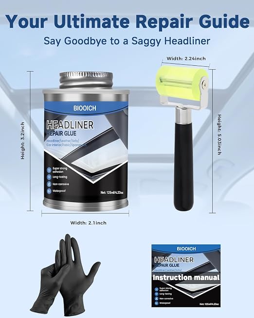 Headliner Repair Glue, Car Headliner Adhesive with Rubber Seam Roller Headliner Repair Kit,Upholstery Glue with Brush for Automotive interiors, Fabric, Leather (4.23oz)