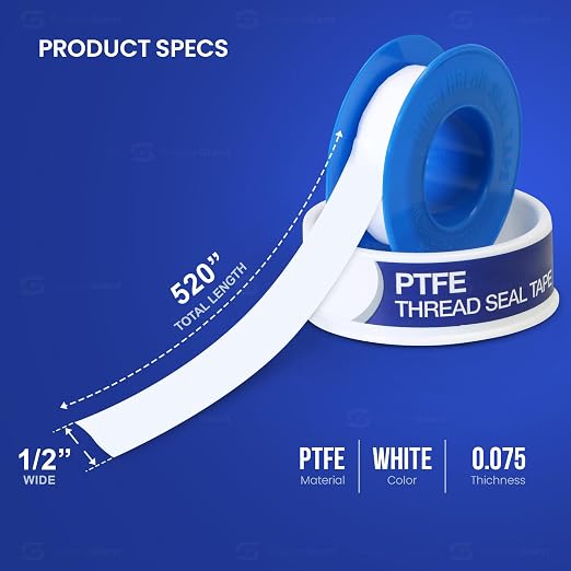 Supply Giant Plumbers PTFE Tape 1/2" W x 520" L Pipe Thread Tape, High Density Thread Sealant Tape Water Seal Plumbing Tape for Shower Head, Pipes, Gas Lines, Leak Prevention