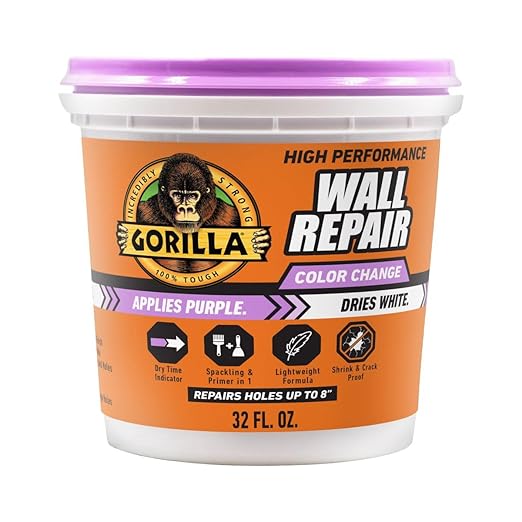 Gorilla High Performance Wall Repair Color Change, 32 Ounce Tub, Applies Purple, Dries White – Spackling & Primer in One, Shrink & Crack Resistant