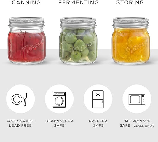 JoyJolt 8 Oz Mason Jars With Lids, Labels and Measures! 6-Pack Regular Mouth Mason Jars, Glass Jar with Lid and Band. Airtight Canning Jars, Overnight Oats Jars, Salad Jars, Sourdough Starter Jar