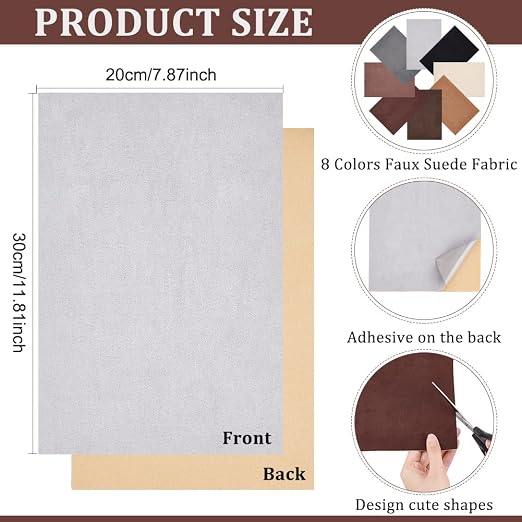 BENECREAT 8 Pcs Faux Suede Self-Adhesive Fabric Repair Patches 30x20cm Peel-and-Stick Garment Decoration for Sofa Repair, Car Seat, Handbag Jacket or DIY Decoration
