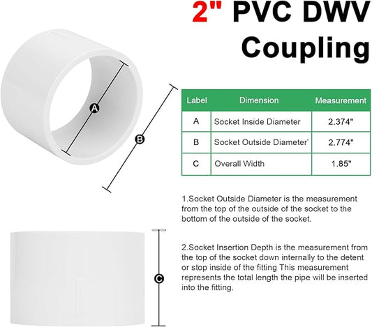 6Pack 2" PVC DWV Repair Coupling Adapter Pipe Fittings (Socket x Socket) SCH40 2 Inch PVC Slip Coupling Connectors for Drain, Waste, Vent