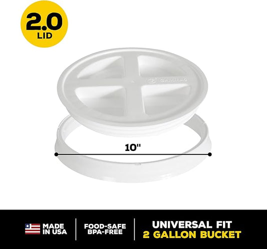 Gamma2 Seal Bucket Lid Food Grade Pet Food Storage Container Twist Lock Lid, 10" Diameter Fits Most 2 Gallon Buckets, White, Made in USA