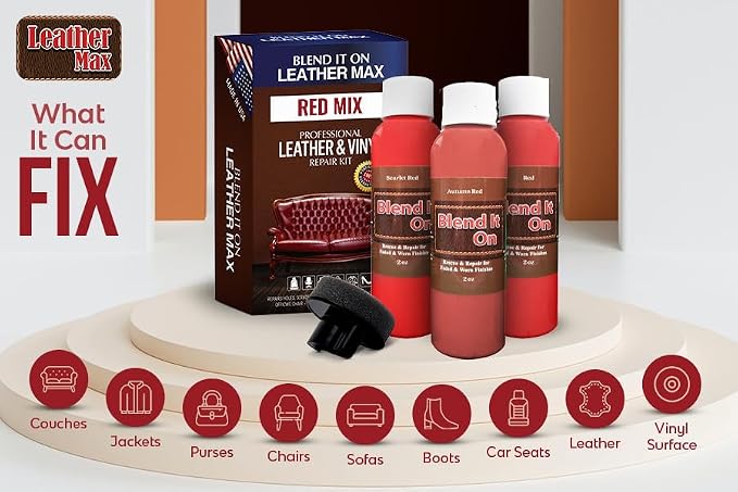Blend It On Extra Large Leather Repair Kit, 6 Full Ounces for Furniture, Jacket, Sofa, Car Seat, Boots, Easy Instructions to Match Colors, Restore Any Material No Mixing Chart Needed (Red Mix)
