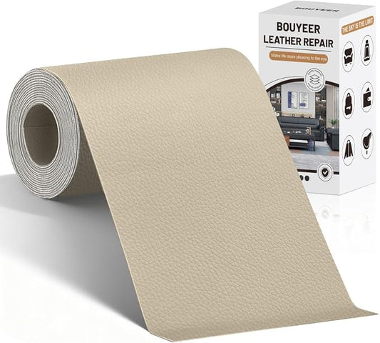 BOUYEER Leather Repair Patch Tape Kit,Self Adhesive Leather Repair for Sofa，Car Seat,Office Chair,Furniture,Jacket,Waterproof Strong Adhesive Vinyl Repair Kit. 4 in x 79 in,Light Beige