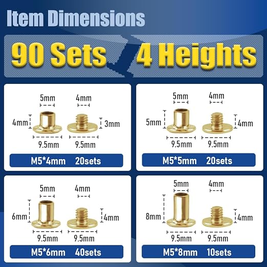 90 Sets Gold Chicago Screws Leather Rivets Kit, 4 Sizes (M5*4,5,6,8) & 2 Screw Lengths (M4*3,4) for Belts, Bookbinding, DIY Leather (Gold)
