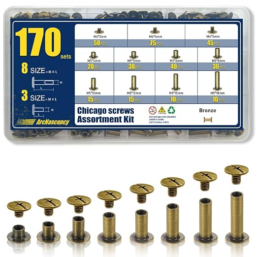 170 Sets Bronze Chicago Screws Leather Rivets Kit, 8 Sizes (M5*4,5,6,8,10,12,15,18) & 3 Screw Lengths (M4*3,4,5) for Belts, Bookbinding, DIY Leather (Bronze)