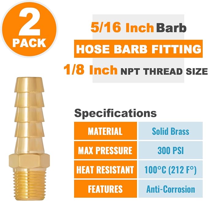 SUNGATOR Hose Barb Fittings 5/16 Inch Barb × 1/8 Inch NPT, Brass Air Hose Fittings, 5/16" to 1/8" NPT Male Air Line Repair Connector Kit, Brass Male Thread Pipe Adapter (2 Pack)