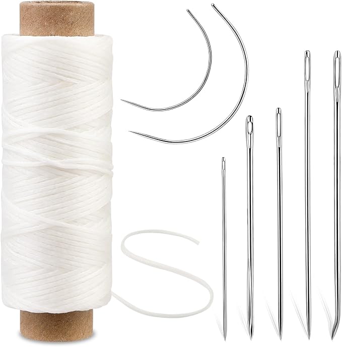 Ftyiwu Waxed Thread 55 Yards, Leather Sewing Waxed Thread with Hand Sewing Needles for Home Upholstery Carpet Leather Canvas Repair and Sewing (Original White)