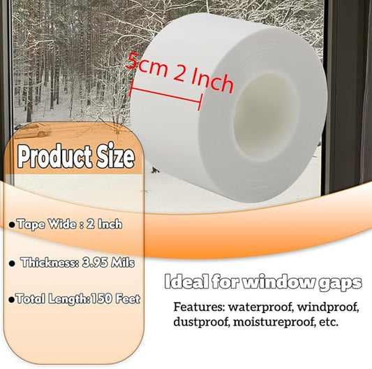 Window Insulation for Winter Weather Sealing Tape 2 Inch x 50 Yards Weather Stripping Residue Free Draft Isolation Sealing Film Tape for Doors Windows and Shower Glass Gaps White Color
