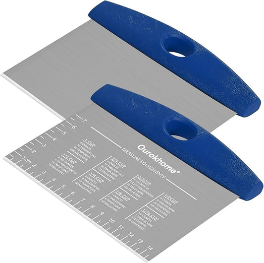 Ourokhome 2 Pack Bench Scraper Dough Cutter, Stainless Steel Dough Scraper with Laser-Etched Scale, Conversion Chart, Non-Slip Handle, Dishwasher Safe for Bread & Pastry, Blue
