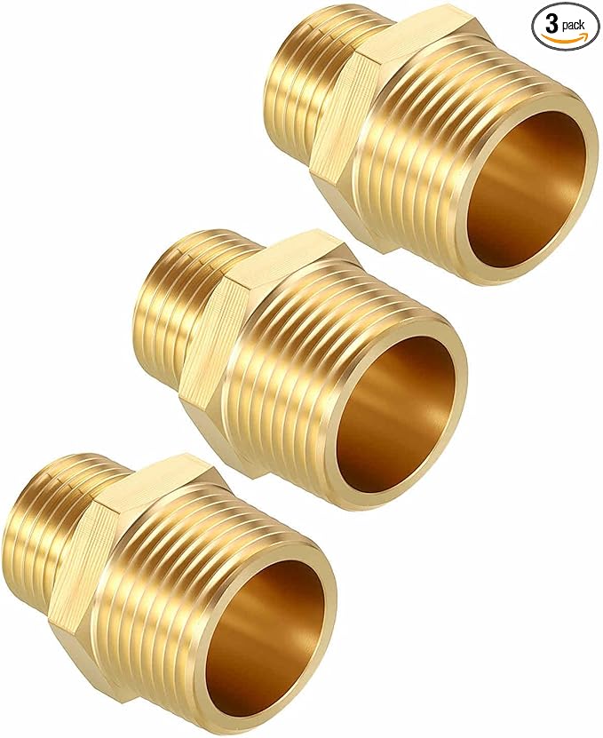Pack of 3, 3/4" MNPT To 1/2" MNPT Solid Brass Hex Nipple Hose Connectors, Male Pipe Adapter for Pipe Leak Repair, Bathroom Remodeling, Tool Extension, Compression