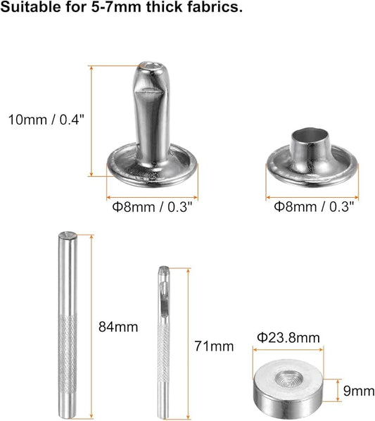 HARFINGTON 100 Sets Leather Rivets 10 x 8mm Metal Double Cap Rivet Snaps Studs Fasteners with 3pcs Setting Tools Rivets for Leather Craft DIY Repair Decoration, Silver Tone