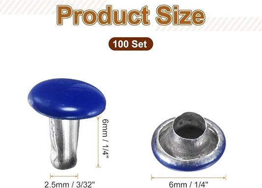 HARFINGTON 100 Sets Double Cap Leather Rivets, 6x6mm Round Cap Tubular Metal Studs Leather Crafting Rivets for Fabric Belt Pet Collar Boot Bag Repair and Decoration, Dark Blue