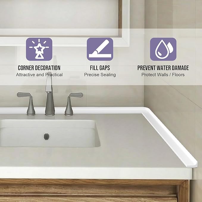 Shower Threshold Water Dam Barrier - Versatile, Silicone Shower Water Guard Stopper Seal Strip for Bathroom Floor, Bathtub Rim, Kitchen Countertop (White, 98 In/ 2.5M)