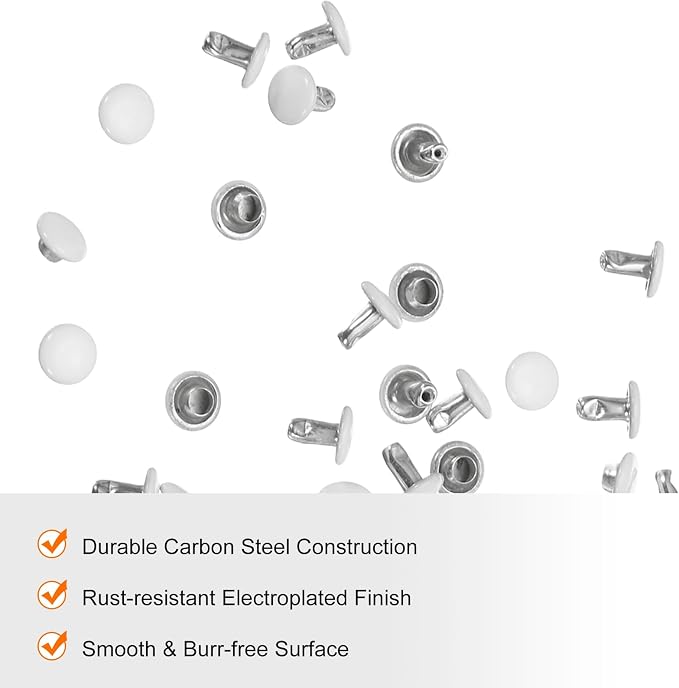 HARFINGTON 100 Sets Double Cap Leather Rivets, 6x6mm Round Cap Tubular Metal Studs Leather Crafting Rivets for Fabric Belt Pet Collar Boot Bag Repair and Decoration, White