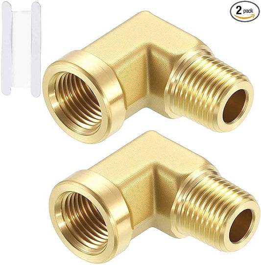 Pack of 2, 90° 1/8" FNPT to 1/8" MNPT Solid Brass Barstock Street Elbow W/Sealing Tape, Forged Pipe Fitting for Pipe Leak Repair, Bathroom Remodeling, Tool Extension, Compression
