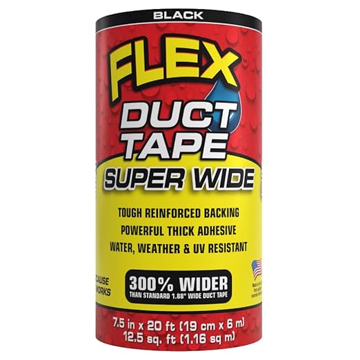 Flex Duct Tape, Super Wide, 7.5 Inches x 20 Feet, Black, Heavy Duty Strong, Multi-Surface, Water, Weather and UV Resistant, Tearable, Perfect for Boxes, No Residue