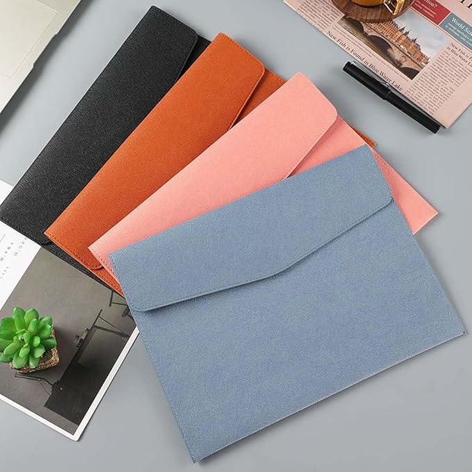 A4 PU Leather Document Folder with Snap Closure File Holder for Letter Size Black Waterproof Portfolio Envelope File Oragnizer Pocket Storage Case for Receipt Contract Stationery Tablet