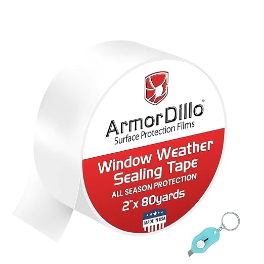 ArmorDillo Transparent Window Weather Sealing Tape, w Free Utility Knife, 2" X 240FT (80 YDS) - Clear Weather Stripping Tape, Draft Isolation & Insulation, No Residue, for Windows, Doors, AC & RV